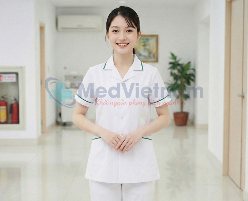 Áo Blouse cổ bẻ danton dược sĩ kết hợp tay ngắn.